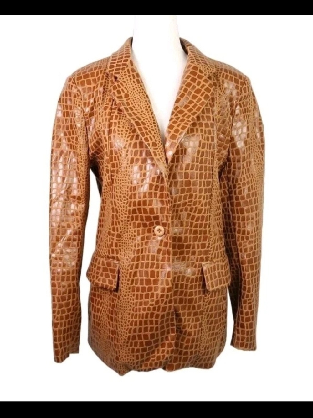 Vintage 90s Selene Cognac Croc Embossed Faux Leather Blazer Jacket M
